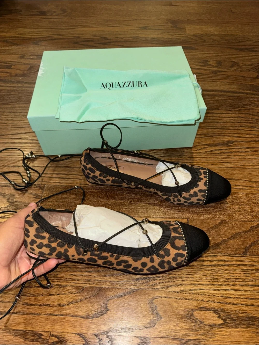 New Size 39.5 Aquazzura Leopard Print Suede and Fabric Tie Up Ballet Flats
